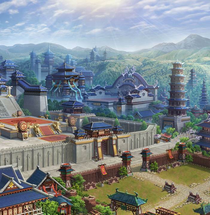 剑与盾H5中的国风城池与远山场景